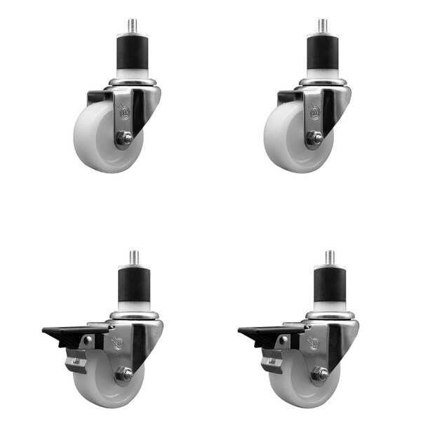 3'' Nylon Wheel Swivel 1-7/8'' Expanding Stem Caster Set 2 Brakes, 4PK